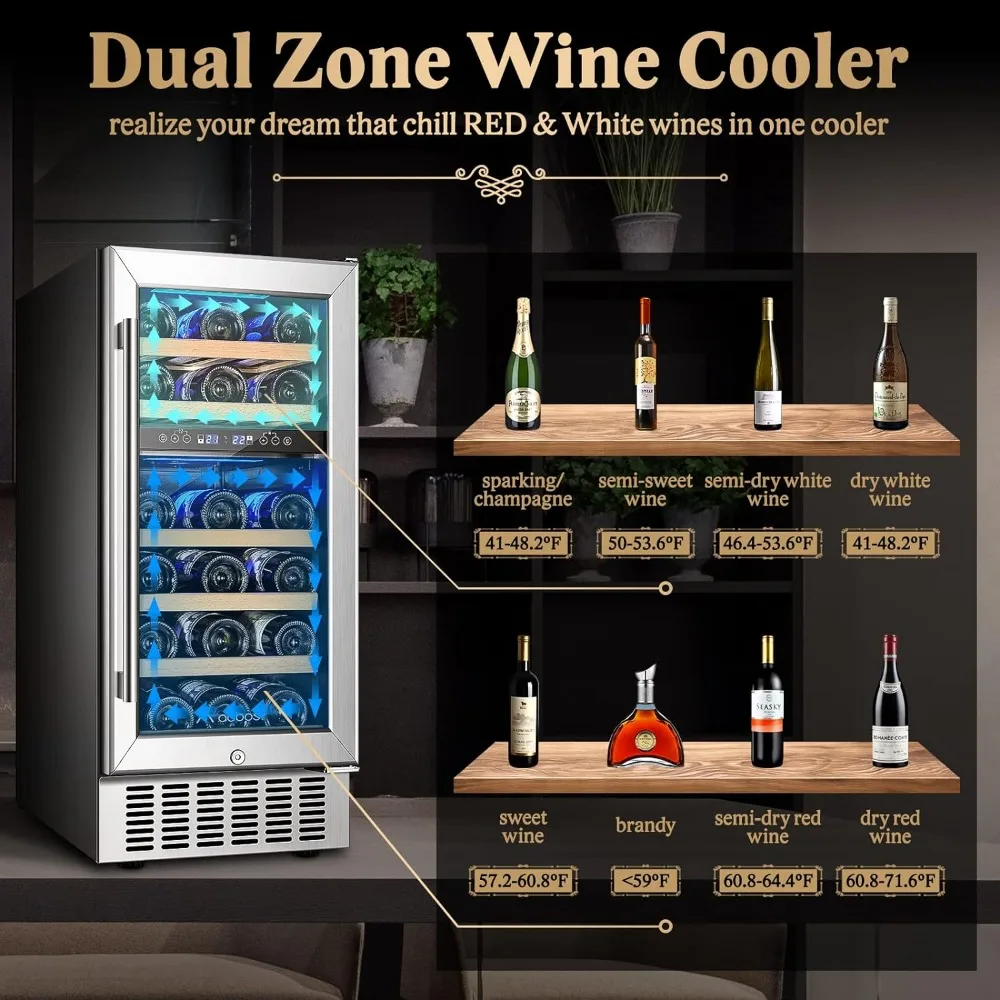 15 Inch Wine Cooler, 28 Bottle Dual Zone Wine Refrigerator with Stainless Steel Tempered Glass Door,Memory Functior