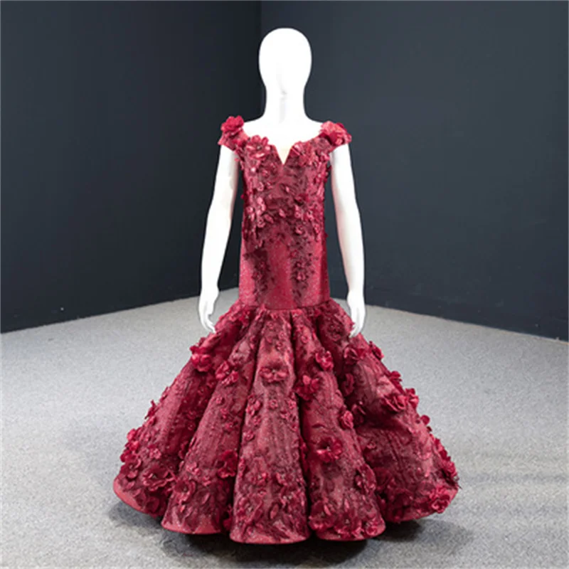 Burgundy Flower Girl Dresses For Weddings Mermaid Off The Shoulder Appliques Long Girls Pageant Dresses Little Kids Baby