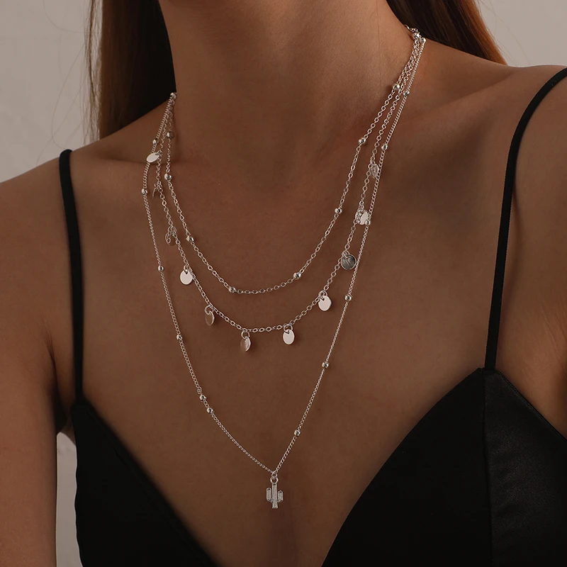 New 925 Sterling Silver Triple Layer Necklace Plant Round Piece Choker Exquisite Clavicle Chain Send Women's Fine Accessories