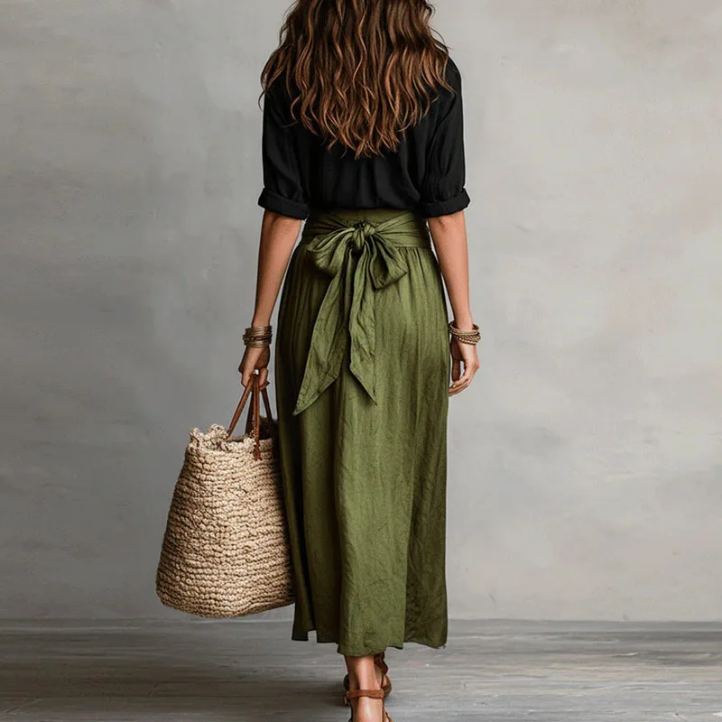 2026 Spring Summer Solid Women's Suit Casual Button Lapel Top T-shirt And Tie Waist Bowknot Skirt Sets Long Sleeve Office Outfit image 3