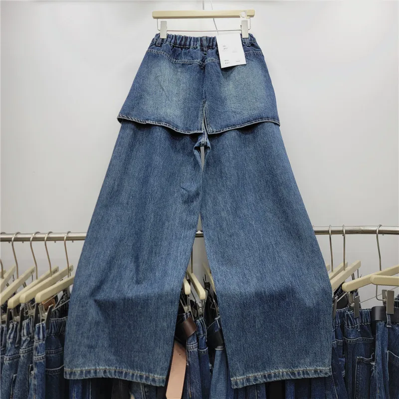 New Spring Autumn Women Straight Jeans Faux Two-piece Denim Splicing All-match Wide Leg Pants High Waist Casual Long Trousers
