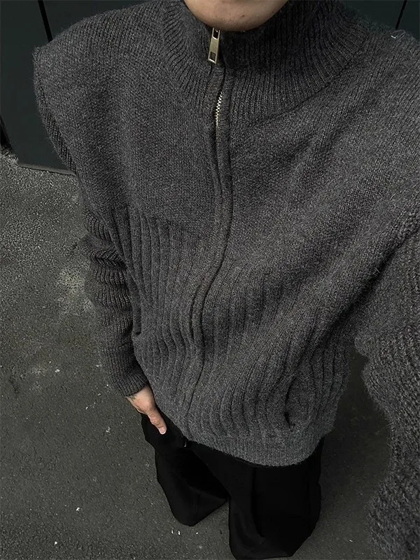 

Ретро-кардиган в американском стиле с высоким воротником и двойной молнией, утепленный, зимний, для мужчин и женщин