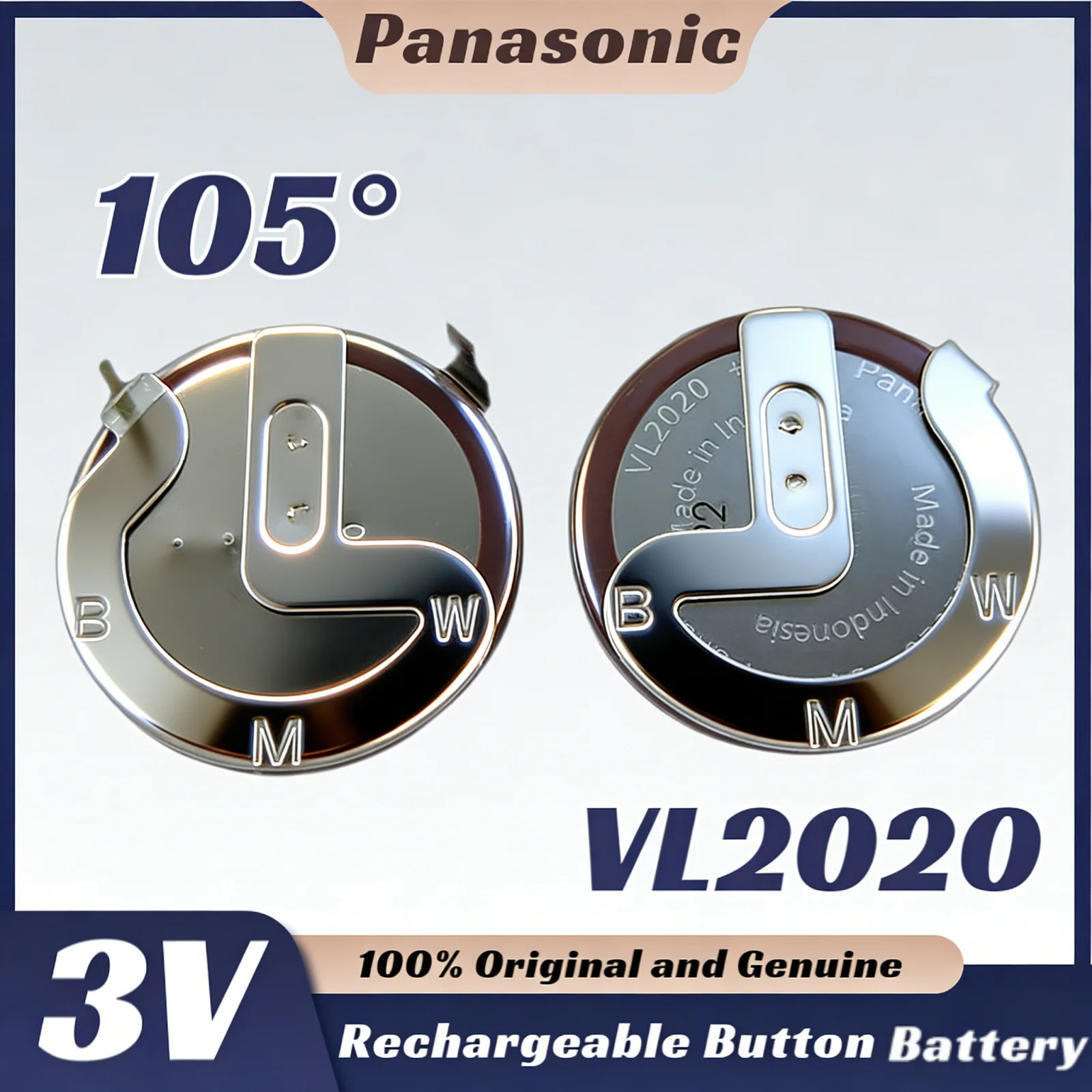 

Original Panasonic VL2020 Rechargeable Battery 3V with Solder Legs 105 Degree for BMW Car Key Remote Fob Replacement