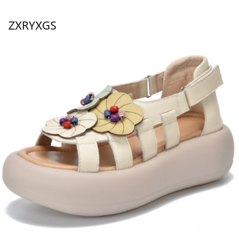 

ZXRYXGS Top Layer Cowhide Open Toed Flower Roman Sandals Fashionable Shoes Platform Increase Sandals 2025 Summer Women Sandals