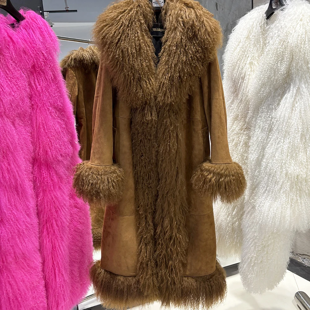 YOLOAgain Real Mongolia Sheep Fur Jacket Long Dark Brown Suede Coat Women