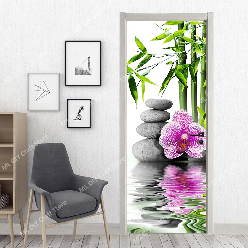 3D Door Sticker Green Zen Stone Purple Flower Art Mural Wallpaper PVC Adhesive Whole Door Package Home Decoration