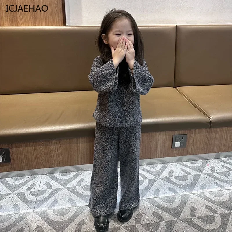 2025 traje elegante de lana para niña, Top para niños, pantalones de manga grande, suéter, Otoño Invierno, ropa de punto para bebés y niños pequeños, traje exterior