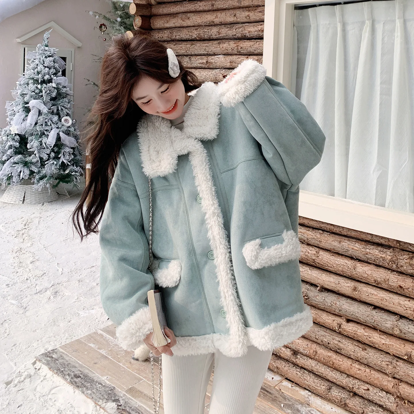 سترة نسائية زرقاء على الطراز الكوري بياقة واقفة من جلد الغزال معطف صوف الضأن 2025 سترة شتوية سميكة مبطنة بالفرو الصناعي #4