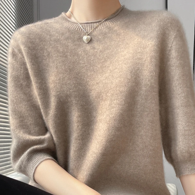 First-Line Ready-To-Wear Sweater Women's 100 Pure Wool Knitted Short-Sleeved T-Shirt Round Neck Thin Sweater Loose Half-Sleeve