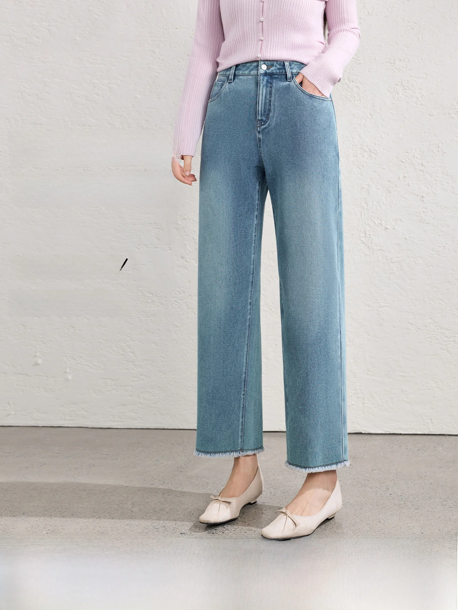 

Синие джинсы прямого кроя больших размеров из смесового лиоцелла и хлопка с высокой талией, повседневные, весенняя новинка, джинсовые брюки с рюшами