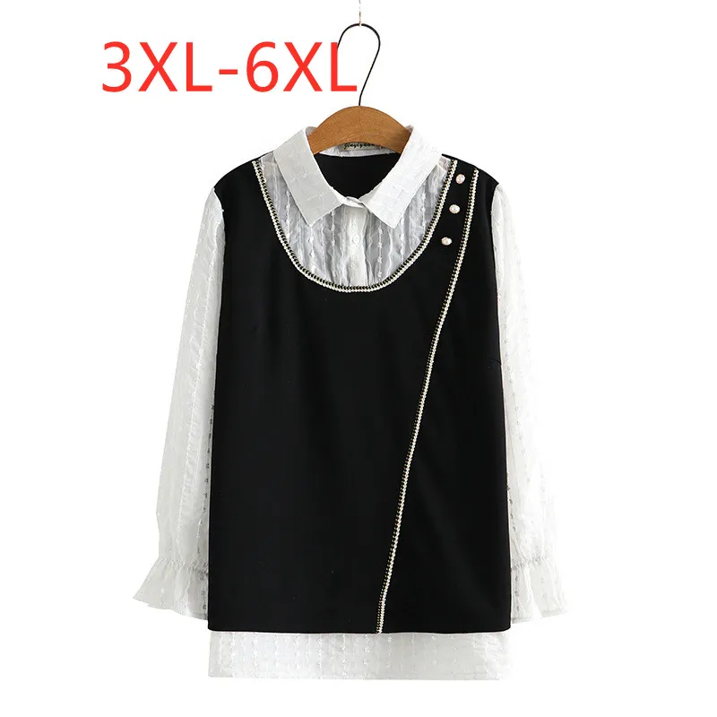 

New 2022 Ladies Spring Autumn Plus Size Tops For Women Large Blouse Long Sleeve Loose Black Casual Lace Shirt 3XL 4XL 5XL 6XL