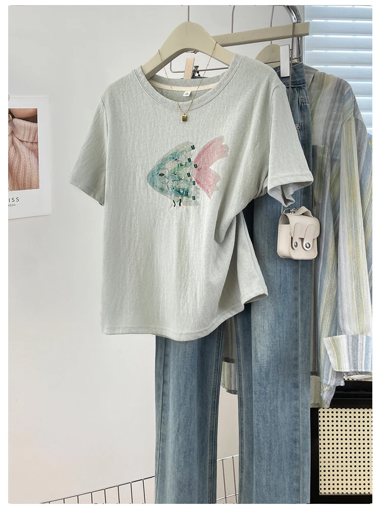 Casual round Neck Short Sleeve T-Shirt Watercolor Fish Print Embroidery Atmosphere Feeling Commute Style Cotton Blend Top