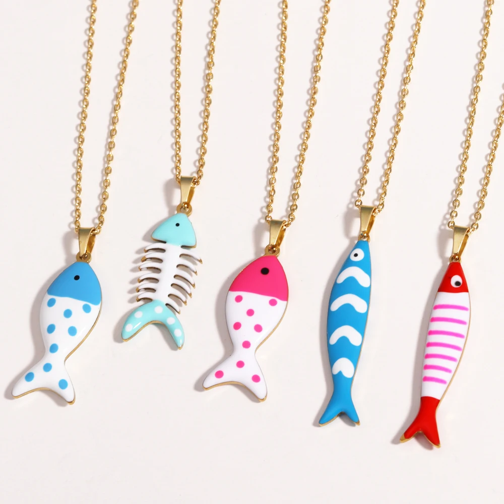 مقاوم للماء لطيف ملون المينا الأسماك قلادة القلائد للنساء الفتيات جميل الفولاذ المقاوم للصدأ الذهب اللون الصيف الشاطئ مجوهرات #2