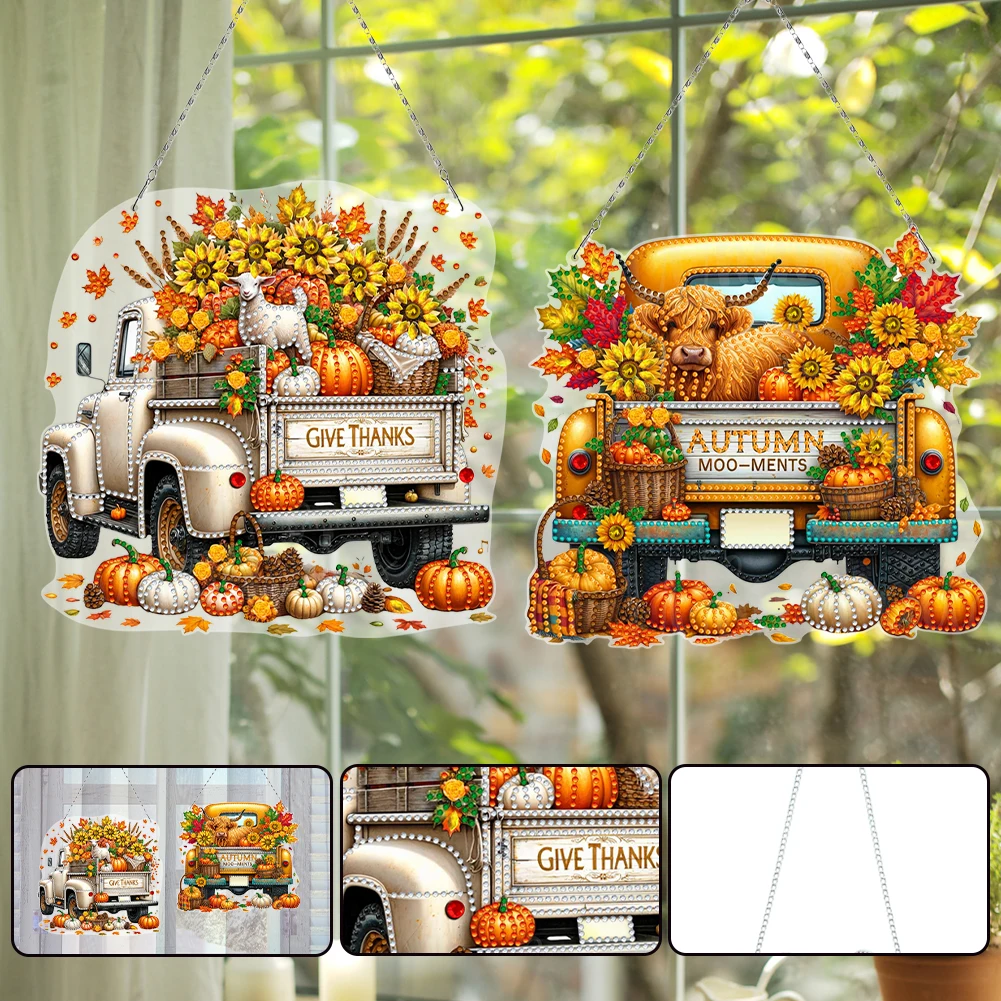 

2PCS Pumpkin Car Theme 2D/Flat DIY Diamond Painting Set Hanging Diamond Art Kits