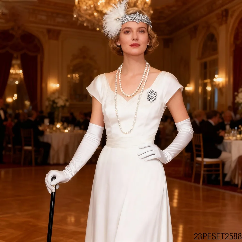 

PESENAR Vintage White Diamond Feather Women s Costume Set Feather Headband Pearl Necklace Gloves Gorgeous Theme Party Outfit