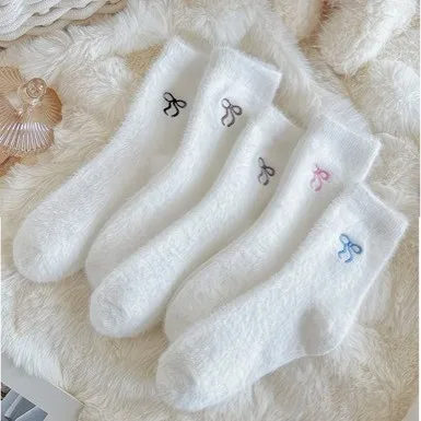 

5 Pairs Socks Autumn Winter Bow Australian Fleece White mid-calf women Thick Warm Home Floor Sleep Long Sports Ankle Crew 5W267