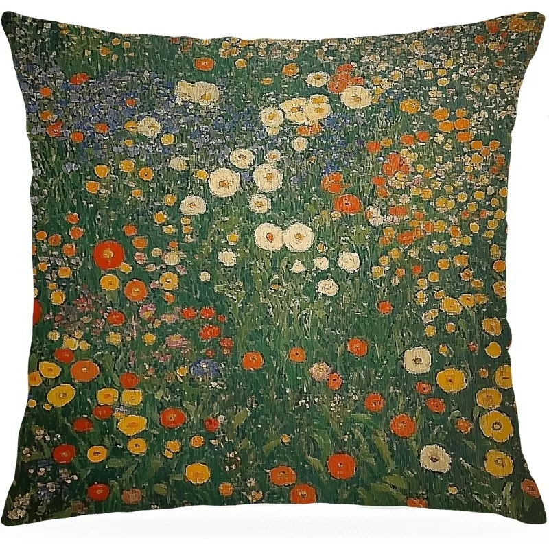 1pc Klimt-style Wildflower Field Print Pillowcase, Vintage Pastoral Floral Landscape, Living Room Bedroom Home Soft Decor, Pillow Insert Not Included