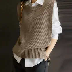 Ropa de mujer Vintage Simple Chic todo fósforo suéter tejido chaleco Oficina señora Casual sólido cuello redondo sin mangas Jersey chaleco
