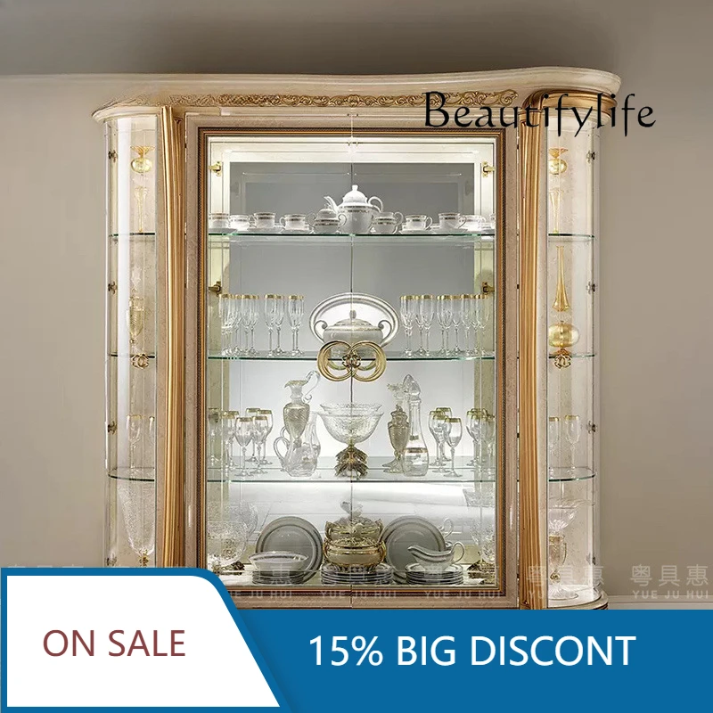 

European Solid Wood Carving Flower Double Door Glass Wine Cabinet French Neoclassical Restaurant Side Cabinet Wine Cabinet X