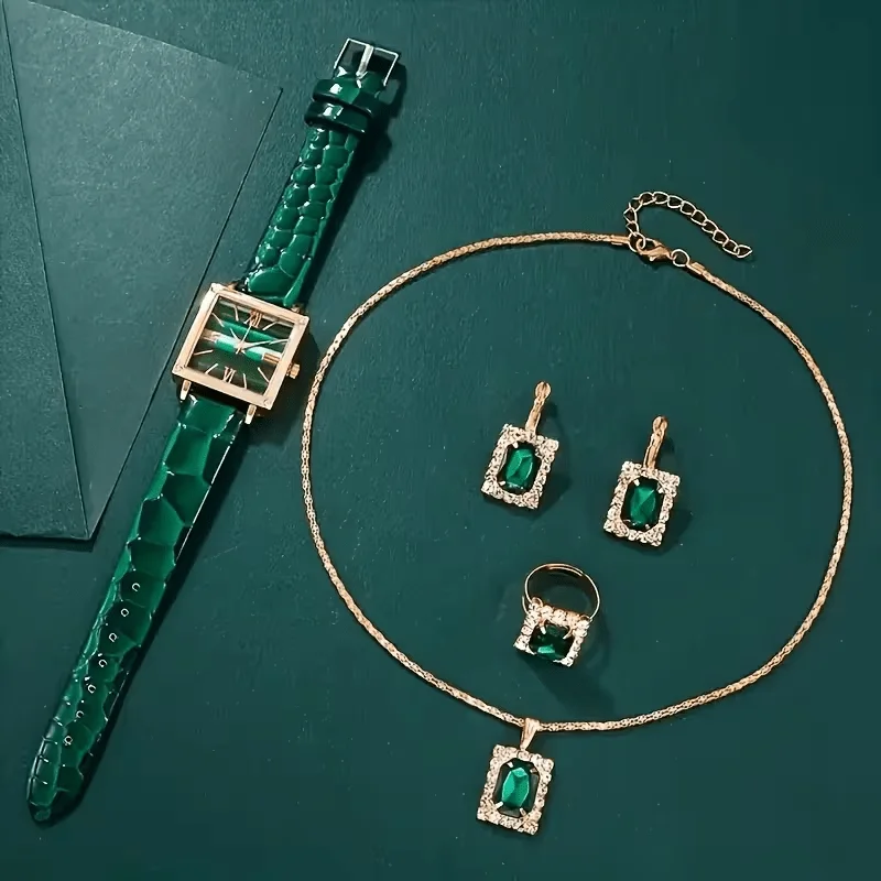 1Pc Women's Fashionable and Elegant Square Quartz Watch + 4Pc Exquisite Jewelry Set, Pu Leather Strap, Perfect Gift for Friends and Family on Valentine's Day, Easter, Ramadan, Birthdays, Halloween, Christmas, and New Year