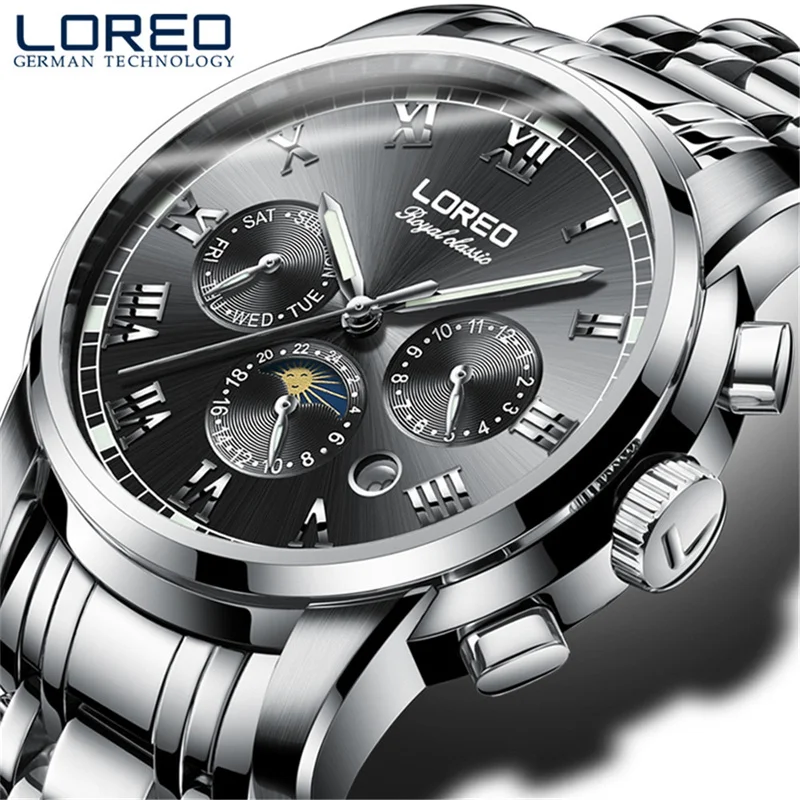 

LOREO Luxury Brand Men's Watch 5ATM Waterproof Luminous Date Moon Phase Automatic Mechanical Watch Men reloj hombre