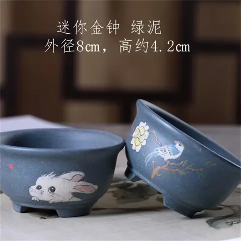Ceramic Round Mini Bonsai Pot Blue Clay,Hand-Drawn Moon bunny,Inner size 7cm,Purple Sand, Home Table Garden Decoration