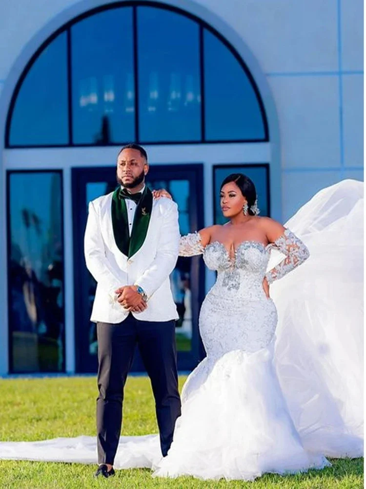 Robe de mariée sirène romantique à manches longues, robe de patio africain, grande taille, perles appliquées, chérie, jardin