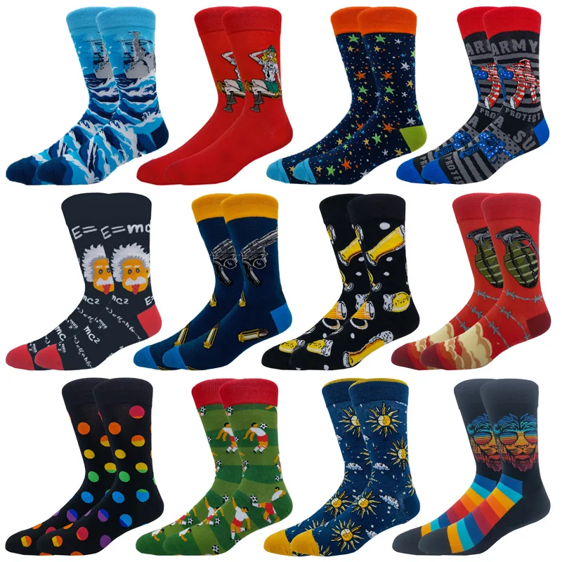 Hot Sale New Combed Cotton Men Socks Harajuku Colorful  Funny Beer Waves Football With Print Pattern Happy Quality Socks