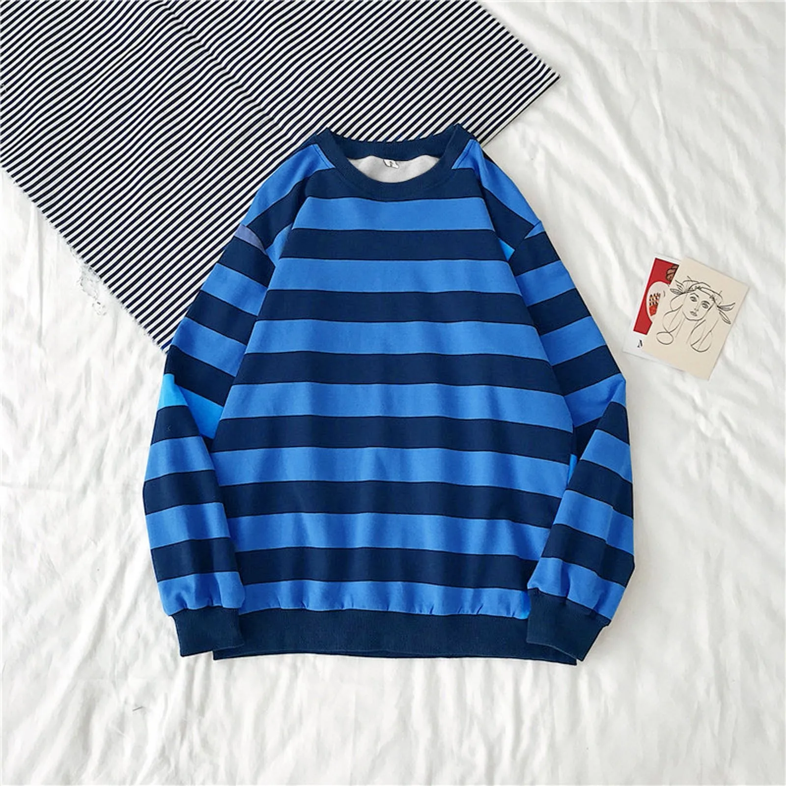 Pullover Tops Long Sleeved Loose Casual Hoodies Sudadera Mujer Autumn Winter Women\'s Hoodies Round Neck Stripe Sweatshirt