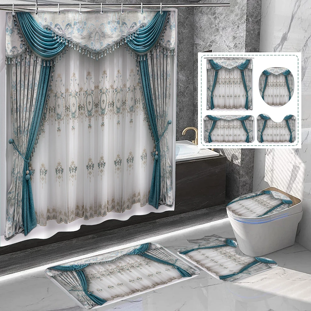 

1 set of blue grey imitation curtain printed shower curtains, summer style, with 12 hooks and bathroom floor mats