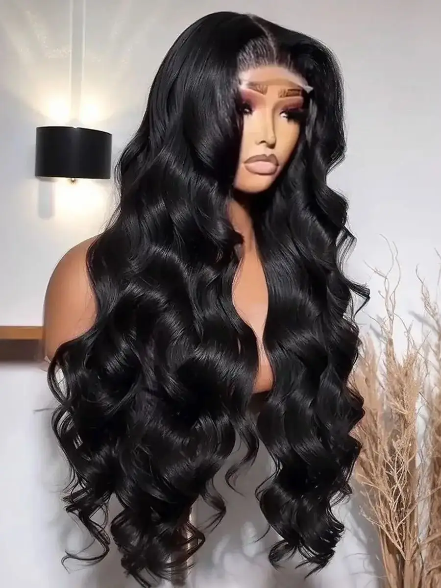 250 Density 30 40 Inch Loose Wave Black Color Synthetic Soft 13x6 13X4 HD Body Wave Lace Frontal Wig For Black Women Prepucked Bleach Knots Glueless Wig Daily Party view 3