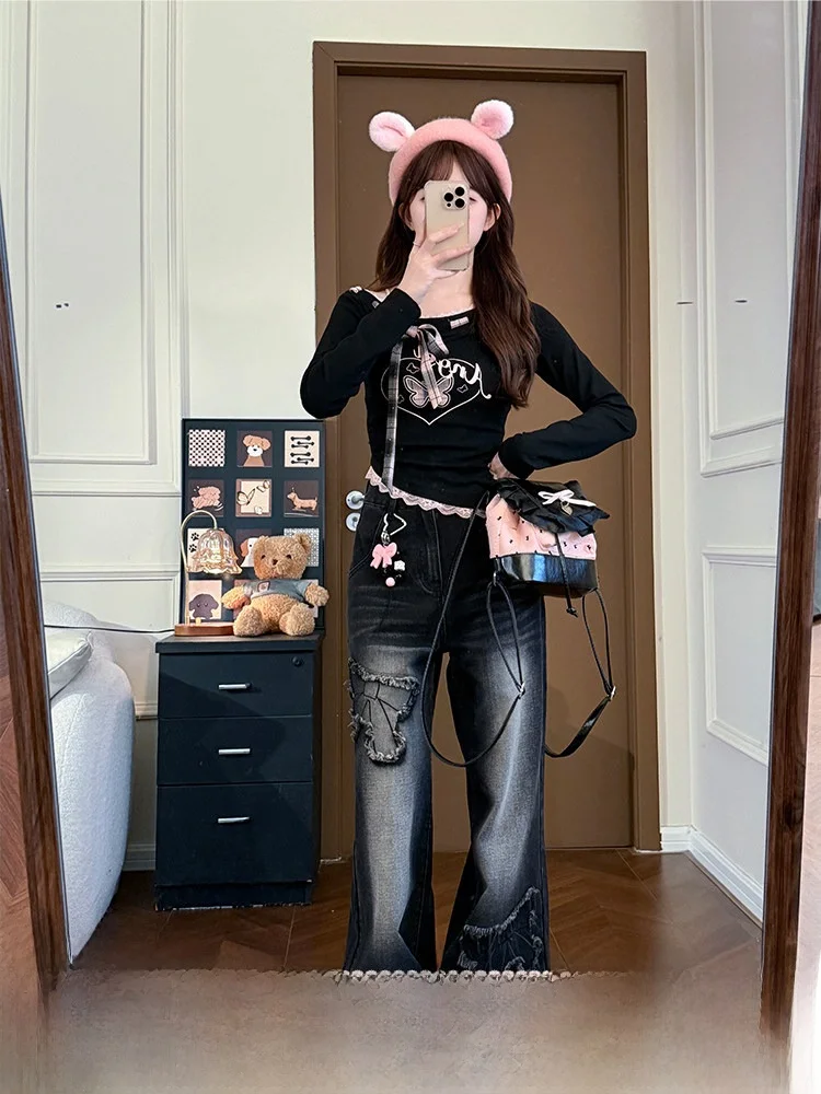 

Black Washed Wide Leg Straight Jeans Women's High Waist Patchwork Floor-Length Pants Casual Girl Style No Stretch Fabric Pig