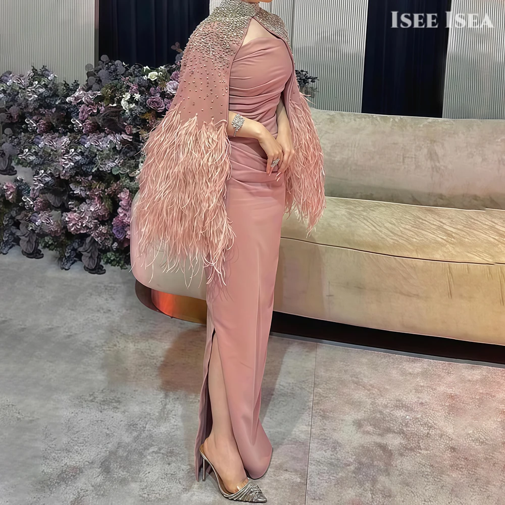 فساتين سهرة ملفوفة بالريش الوردي للنساء فستان السجادة الحمراء من حجر الراين والكريستال فستان رسمي لحفلات الحفل حسب الطلب