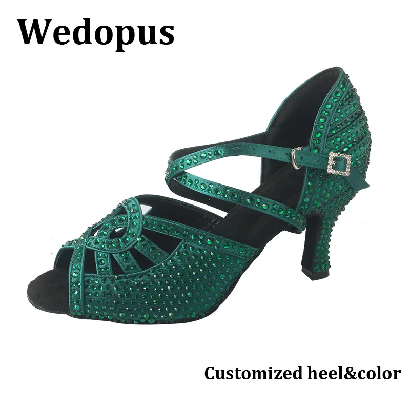 

Wedopus Customized Heel Salsa Dance Shoes Dark Green Sparkling Beads Mid Heel Dancing Sandals Soft Suede Sole Dropshipping