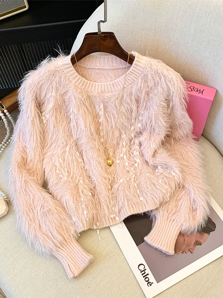 Women's Pink Mohair Pullover Sweater Harajuku Aesthetic O-Neck Long Sleeves Sweater Jumper Vintage Y2k 2000s Clothes Autumn 2024