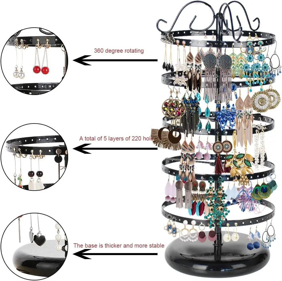 5 Tiers Metal Rotating Earring Holder Organizer, Exquisite Jewelry Display Stand Necklace Rack Holder, 220 Holes for Earrings