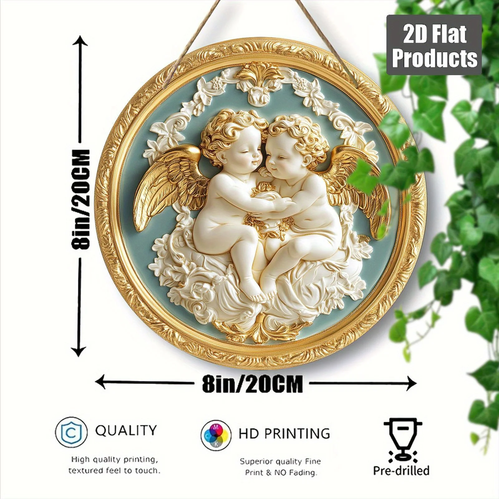 2D Flat, 1pc Vintage Angel Theme Circular Wooden Wall Plaque - 8x8 Inch (20x20cm) Artificial Wood Wall Decor with Cherubs & Flor