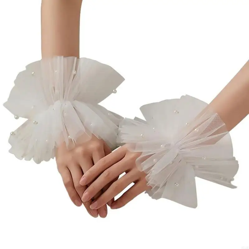 HX6F Mulheres Mangas Falsas Algemas Renda Pérolas Tule Punhos Decorativos Simples