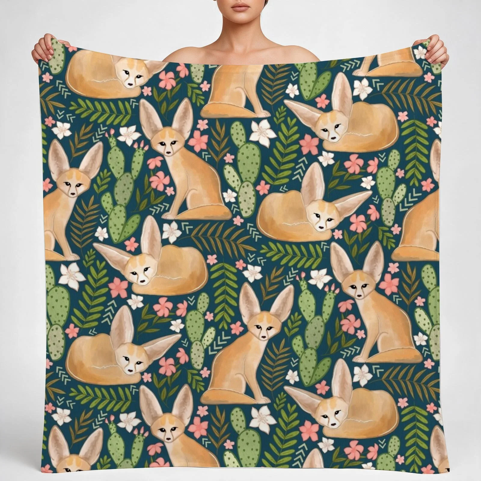 Fantastic Fennec Foxes on Navy Throw Blanket couch cozy soft plush fuzzy picnic outdoor blanket