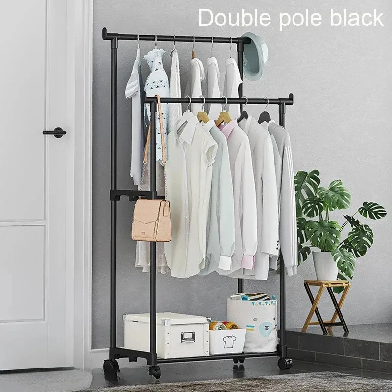 Parallel Bar Hanger With Wheels Mobile Hanger Multifunctional Folding Black And White Pp Plastic/Paint Tube Bathroom Accessories