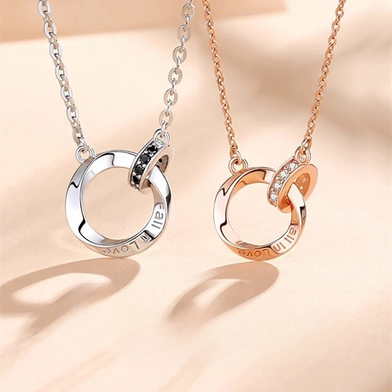 New Simple Fashionable 925 Sterling Silver Mobius Double Ring Couple Necklace for Woman Man Wedding Jewelry Valentine's Day Gift