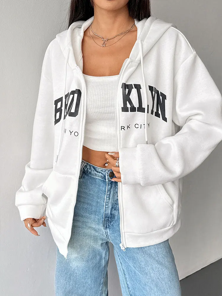 가을 여성 코트 후드티 스트리트웨어 패션 긴 소매 포켓 지퍼 레이스업 프린트 코트 여성 캐주얼 슬림 다용도 의류