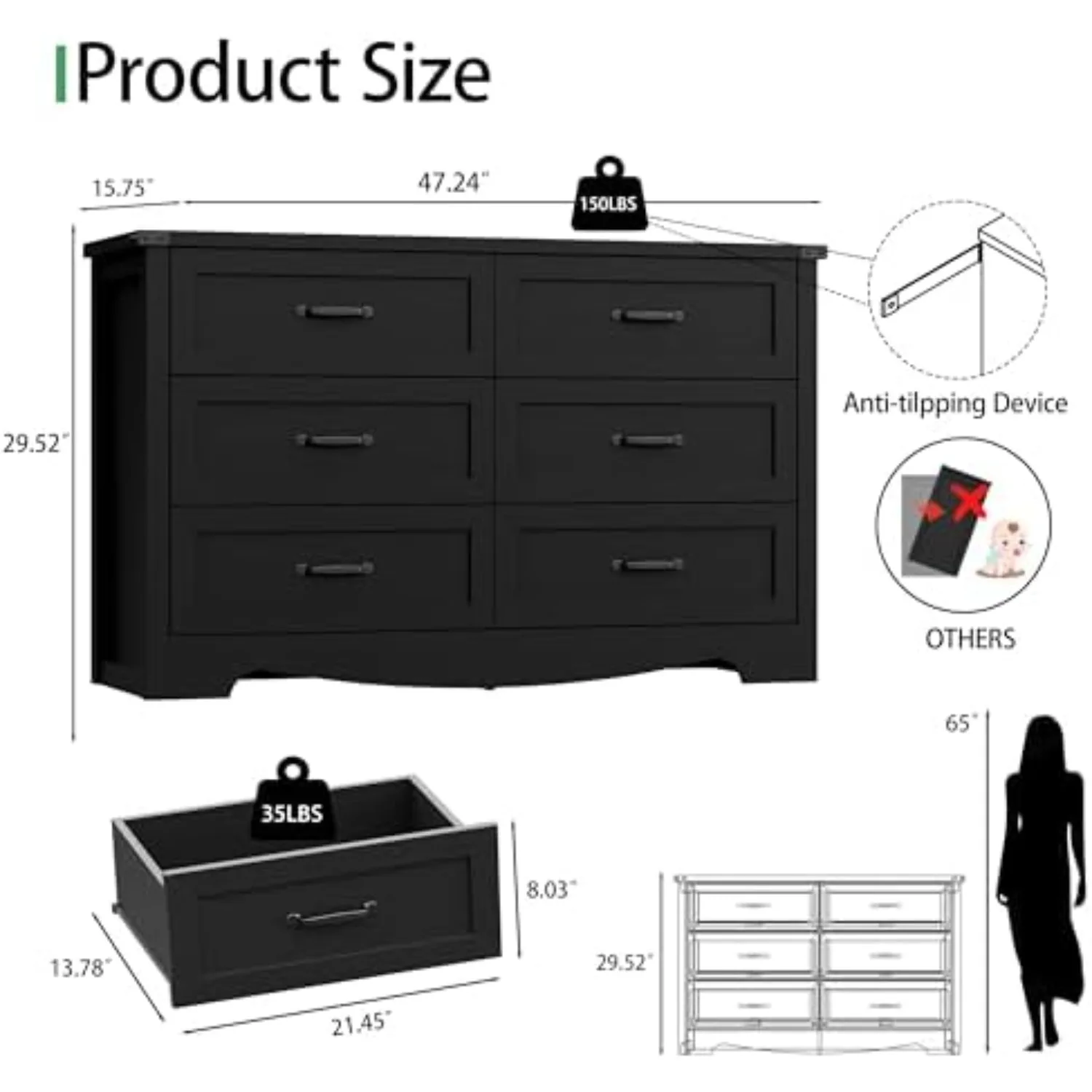 Dresser for Bedroom with 6 Drawers, 48