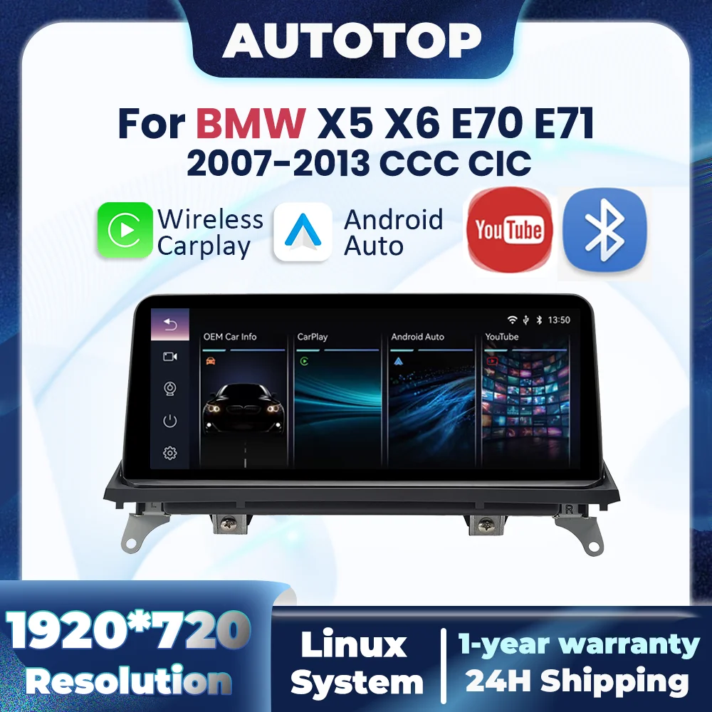 Lecteur multimédia automobile sans fil CarPlay Android Auto 10,25 pouces pour BMW X5 E70 X6 E71 E72 2007-2012 CCC CIC pour YouTube BT GPS Stéréo