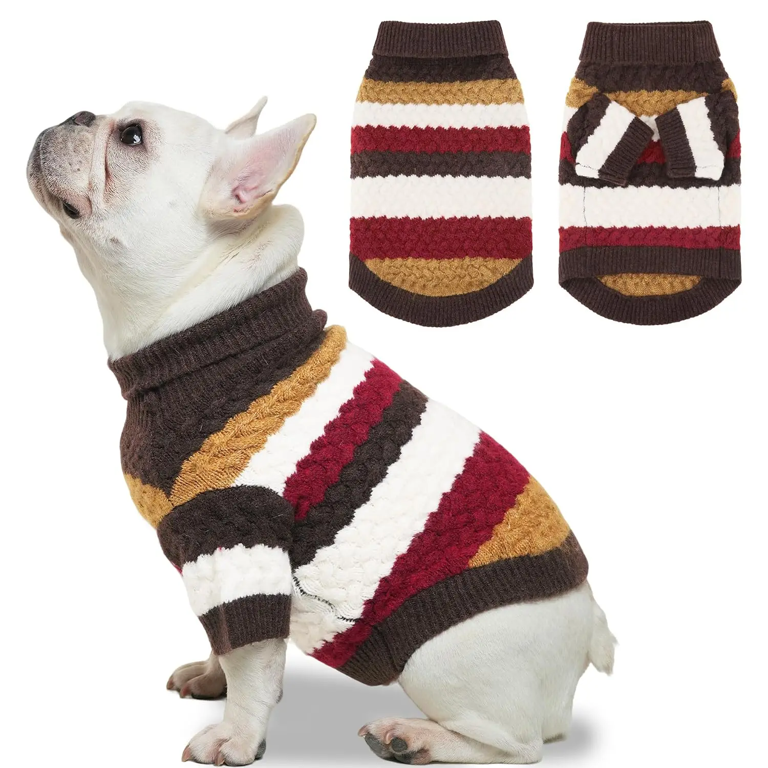 Cable Knit Turtleneck Dog Sweater with Legs for Small Medium Dogs, Winter Warm Thick Outdoor Pullover, Brown Medium, Customized