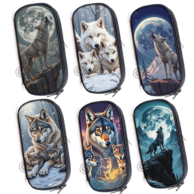 Estuche para lápices con estampado de lobo aullando, caja para lápices con diseño de lobo aullando bajo el luz de la luna, portalápices escolar, estuche de cosméticos, suministro escolar