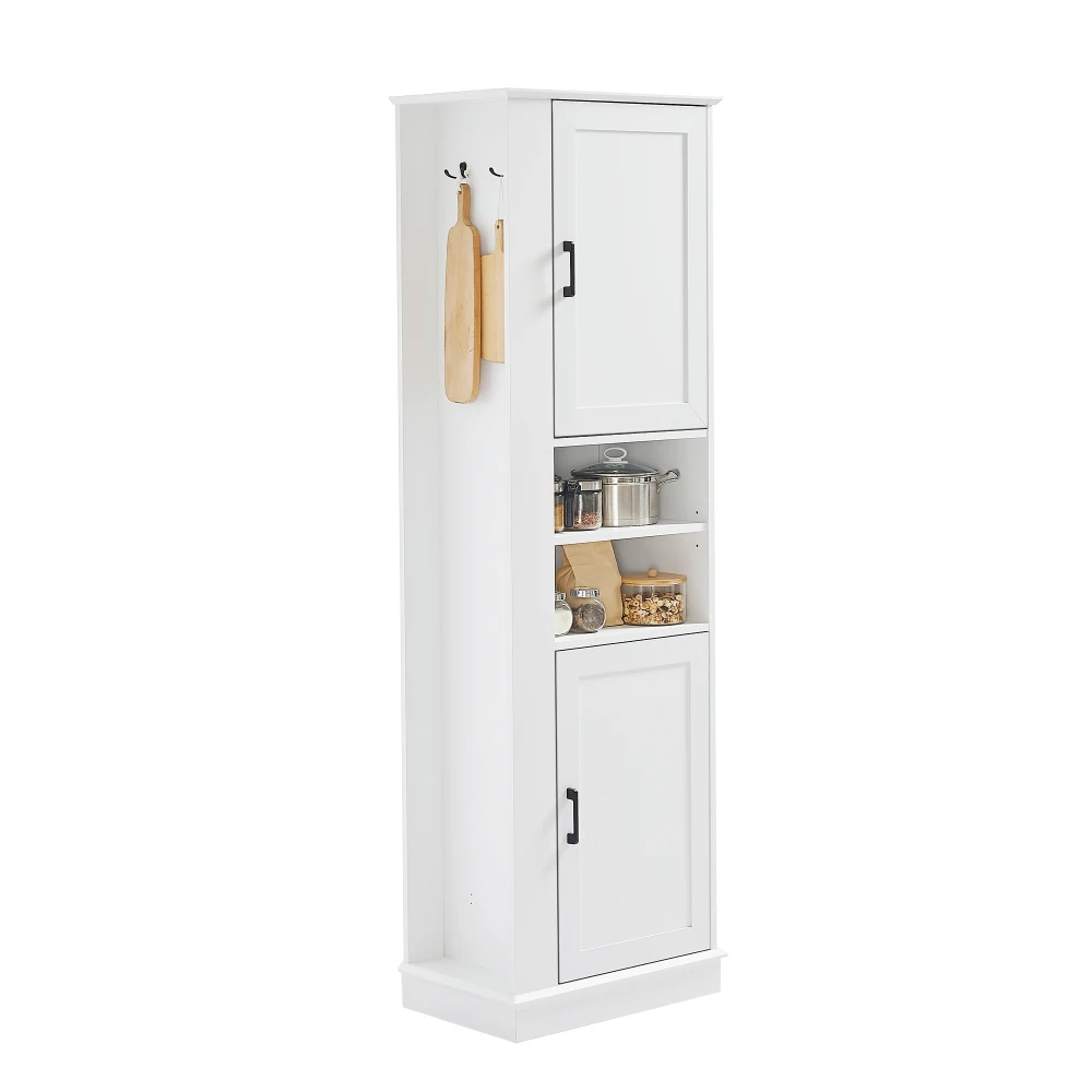 Tall Bathroom Storage Cabinet, Freestanding Storage Cabinet with Hook and Adjustable Shelf, MDF Board, White