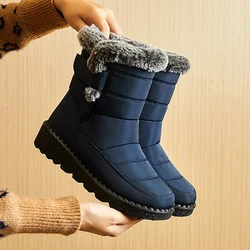 Botas de nieve impermeables de piel sintética para mujer, botines largos de felpa con plataforma, zapatos cálidos de algodón para parejas, invierno, 2024