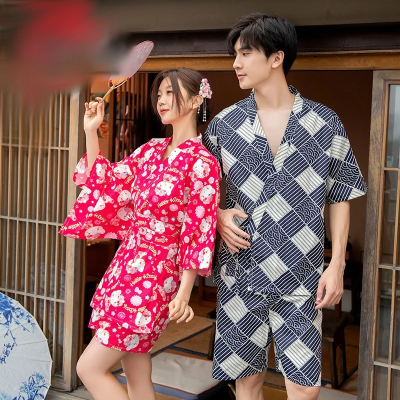 Japanese Kimono Robe Women Cotton Print  V-Neck Bathrobe Loungewear Kimono Pajamas Summer Home Spa Sauna Set Yukata Lounge Wear