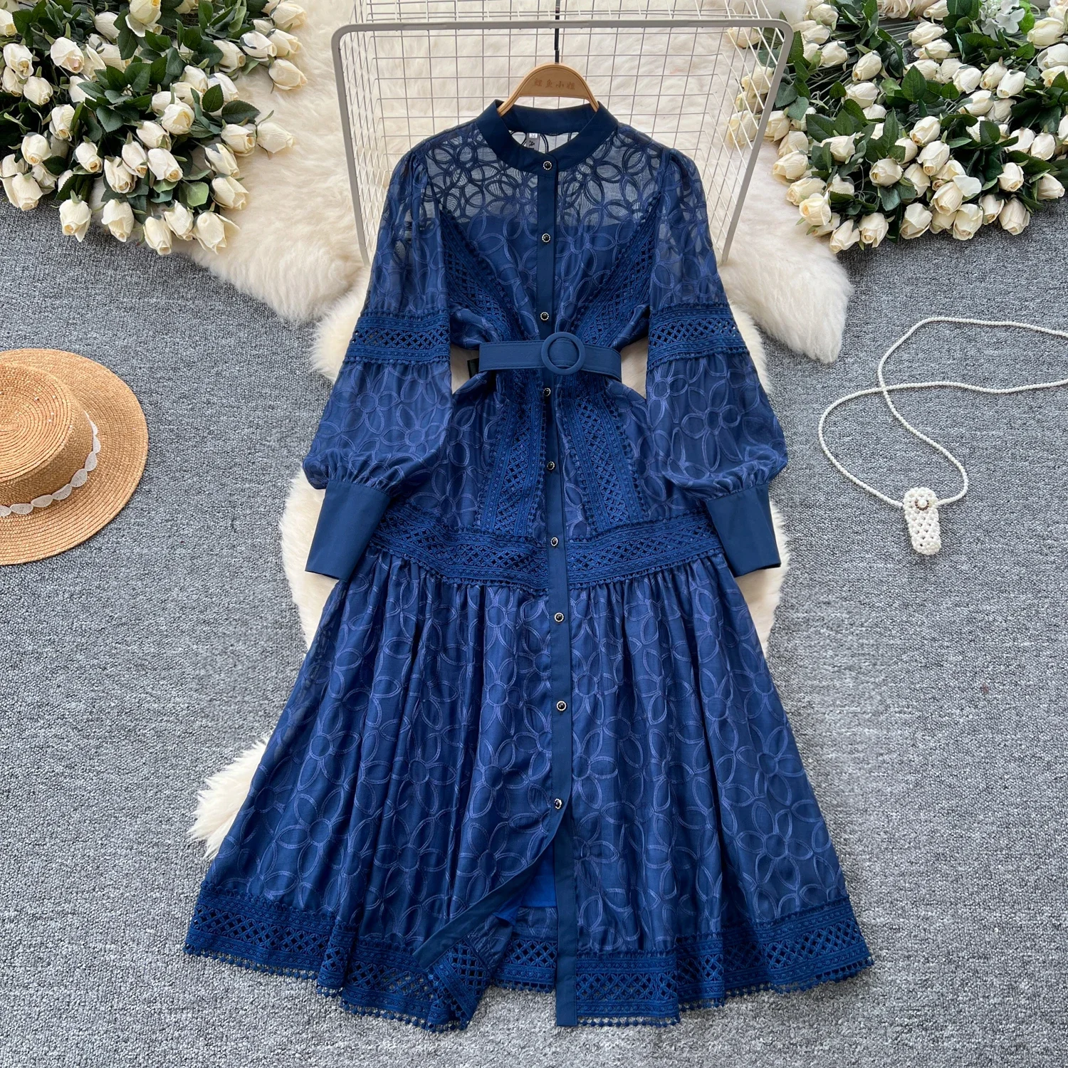 Elegant O-neck Vintage Long Lantern Sleeves Chic Embroidered Single Breasted Slim Long Dress French Evening High Street Clothing